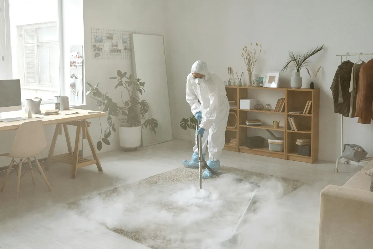 Técnica de fumigación con traje de protección aplicando un tratamiento en una sala
